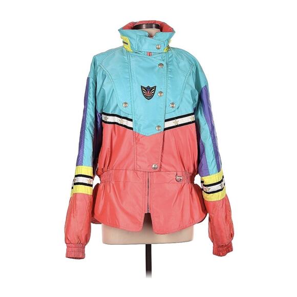 VTG ASICS Neon Colorblock Ski Jacket retro 80s 90s Size 12 - Picture 1 of 3
